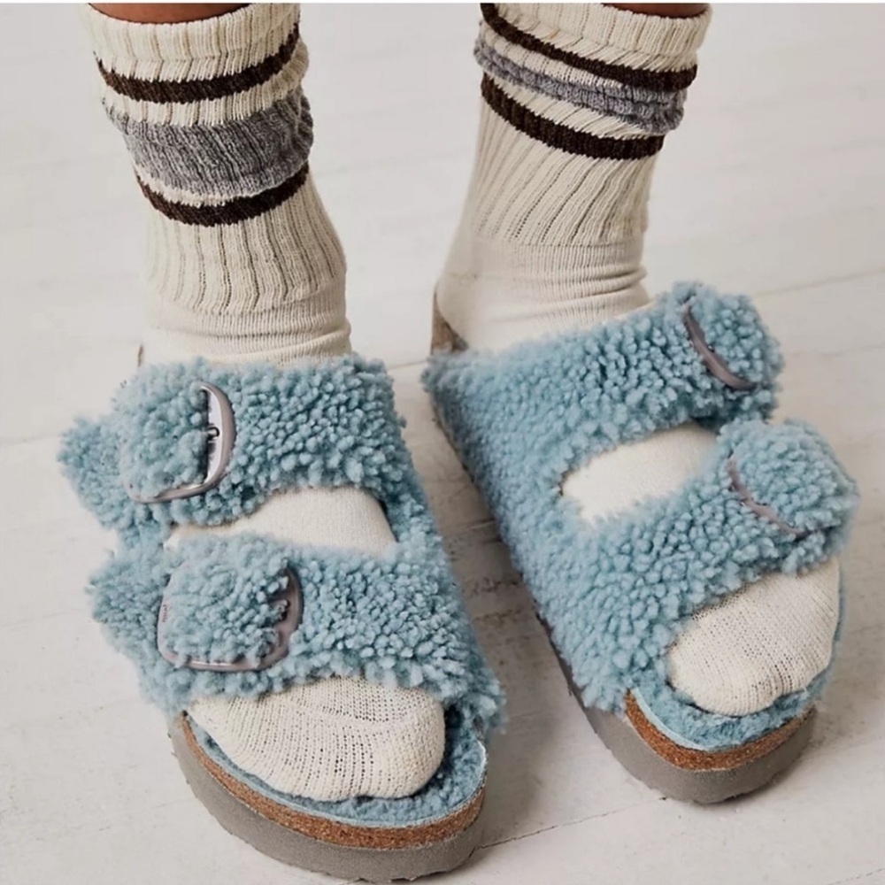 Birkenstock Free People Papillio Sandals Womens 39 US 8 Sherpa Big Buckle Blue - Picture 1 of 8